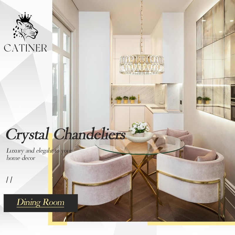 CATINER Small Gold Crystal Chandeliers, Modern Semi Flush Mount Chandelier