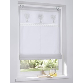 Roman Blind Eyelet Blind White Camille Embroidered Heart Border Crochet Lace Tassels Country House Style Width 80 x Height 140 cm
