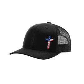 Men's Christian American Flag Filled Cross Jesus Patriotic Embroidered Mesh Back Trucker Hat, Black/Black
