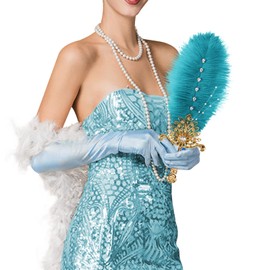 Vijiv Ostrich Feather Fan Bridesmaids Hand Fans for Wedding Guests Bouquets Bride Great Gatsby 1920s Flapper Accessories Chic Art Deco Groom Feathers Boutonniere Blue