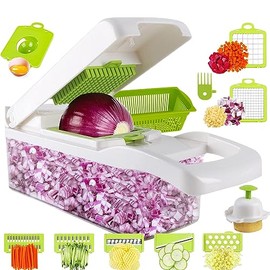 Cortador de Verduras 12 en 1, Picador de Verduras Multifuncional Mandoline Rayadores para Cocina con 6 Cuchillas de Acero Inoxidable y Contenedor, Ide