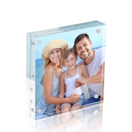HOUSE DAY Acrylic Picture Frames 4x4, Strong Magnetic Photo Frame, Double Sided Clear Picture Frames with Microfiber Cloth, Frameless Standing Desktop Frame for Home, Office, Events (1 Pack, Gift Ready)