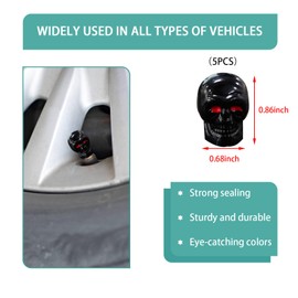 Dickno 5 PCS Skull Style Tire Valve Stem Caps with Rubber Ring, Red Eyes Car Air Caps Cover, Antirust Copper Liner Tire Caps, Universal Stem Covers for Cars, SUVs, Bikes, Trucks (Black)