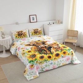 Feelyou Highland Cow Bedding Set Twin Size Cute Highland Cattle Comforter Set for Kids Boys Girls Teens Toddler Sunflower Duvet Set Wild Animal Quilt Set 2Pcs