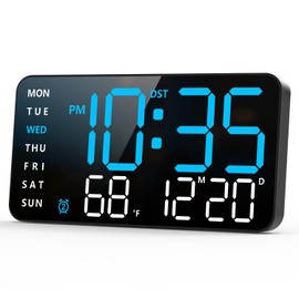 Abovsare Digital Wall Clock, Digital Clock Large Display, Corded LED Alarm Clocks with Date, Week, Temp, Auto Dimming, DST, Wall Mount or Desk Clock for Bedroom Living Room Classroom Office (Blue)