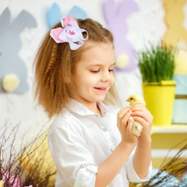 Bunny Hair Bow Clips 3.5 Inch Cute Easter Hair Clips Teens Girls Grosgrain Ribbon Rabbit Hair Accessories for Easter School Birthday, Pink&White