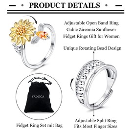 YADOCA 8 Pcs Anxiety Rings for Women Adjustable Fidget Ring for Anxiety Spinner Rings Hypoallergenic Silver Zircon Sunflower Daisy Thumb Ring Rotate Beads Stress Reliever Rings Set with Box