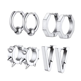 Huggie Earrings Sets For Men,4 Pairs Surgical Steel Hipster Geometry Spike/Triangle/Octagon/Circle Bead Earring Set For Men Hoop Hypoallergenic,Gift Box Included