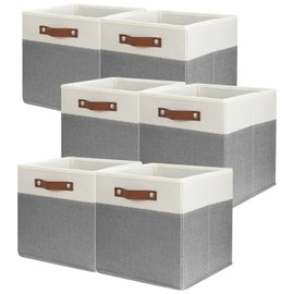 SNWDN 6 Pack Fabric Storage Baskets for Organizing Collapsible Fabric Storage Bins with Handles for Home and Office Organizing (White/Grey 11x11x11 Inches)