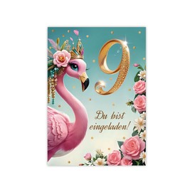JuNa-Experten 12 Invitation Cards with 12 Envelopes for 9th Children's Birthday Girl Flamingo Cool Colourful Invitations Ninth Birthday Girl's Birthday