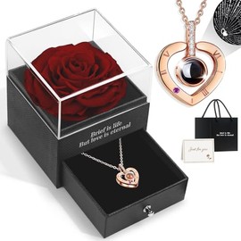 HEGUD Collar de rosa real preservada con I Love You en 100 idiomas, para ella, novia, eterna flor de rosa real regalos para mujeres, mamá, esposa en aniversarios de cumpleaños de San Valentín, Rosa