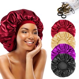 QianMu 4 Piezas Gorro de Seda para Dormir con 100 Ligas para Cabello, Gorro de Satin para Dormir Cabello Rizado Reutilizable y Cómodo, Gorra de Baño para Mujer con Banda Ancha Elástica (Negro + Oro + Rojo + Morado)