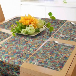 ABAKUHAUS Moroccan Table Runner & Set of 4 Placemats, Ethnic Flowers, Elaborate Floral Arrangement, Oriental Motif, Foliage Pattern, Table Decoration Set, 180 x 40 cm, Teal Red Green