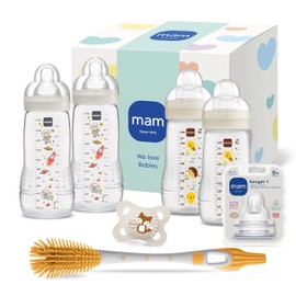 MAM Easy Active Baby Bottle Set | 0+ Mon | Baby Bottle Set for Newborns | 94% Acceptance | Breastfeeding Friendly | 4 Drinking Bottles, 1 Original Dummy, 1 Teat & 1 Soft Brush | Beige