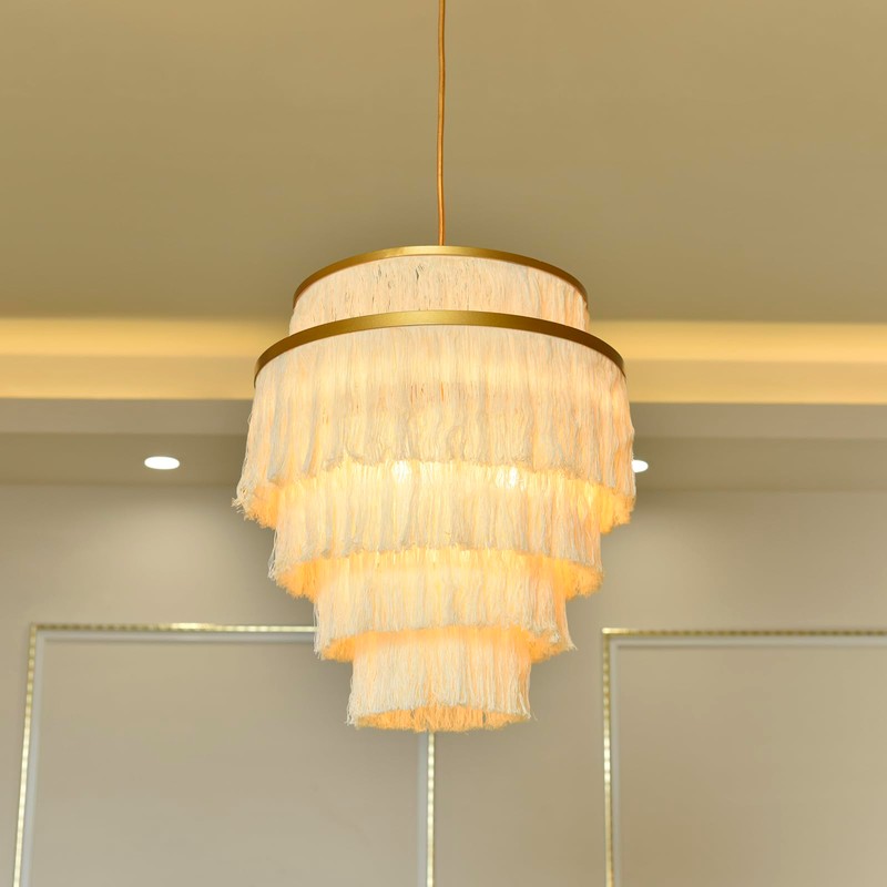 Topaluce 5-Tiered Boho Chandelier 3-Light White Fringe Pendant Hanging Light