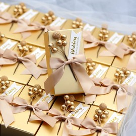 50 Pack Glossy Gold Paper Gift Boxes for Bridal Shower Baby Shower Favors Small Candy Packing Box Wedding Party Favor Boxes with Bows Flowers and Tags (Gold)