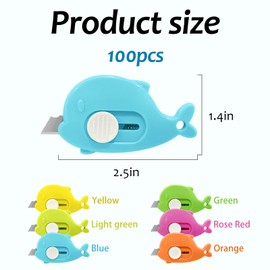 100PCS Whale Shaped Mini Utility Knives Retractable Box Cutters in 6 Colors (Orange, Green, Yellow, Blue, Mint, Pink) for Office, Crafts & Daily Use