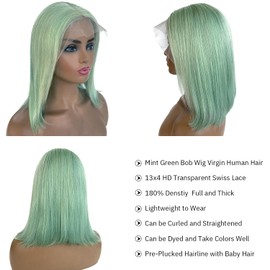 Ubetta Mint Green Lace Front Bob Wig Human Hair, 13x6 Lace Front Wigs Human Hair Pre Plucked Light Green Bob Wigs for Women 10 Inch 180% Density Bleachd Knots Swiss HD Lace Melted into Skins