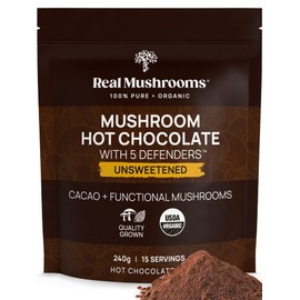Real Mushrooms Unsweetened Hot Chocolate Mix with 5 Defenders – Reishi, Chaga, Turkey Tail, Maitake, Shiitake – Coco Powdered Unsweetened – Organic Cacao Powder Supplement, Vegan, 15 Servings