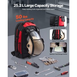 VEVOR Welding Backpack, 25.2L Welder Backpack for Tools and Helmet, 1680D High-Density Polyester Extreme Gear Pack with Helmet Bag, Multi-Purpose Gear Storage Bag for Welding, Outdoor Camping, Hiking