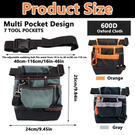 LELE LIFE Tool Belt, Electrician Tool Pouch 7 Pockets, Reinforced Work Tool Bag for Men with Belt Clip, Adjustable Utility Toolbelt for Carpenter Construction Gardening (Black)