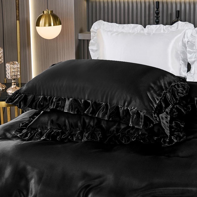 Guchuang Bedding Black Silk Ruffle Bedding Set Luxury Duvet Cover