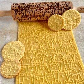 CHRISTMAS CATS Embossing Rolling Pin. Laser Engraved Dough Roller for Embossing Homemade Christmas Cookies by Algis Crafts