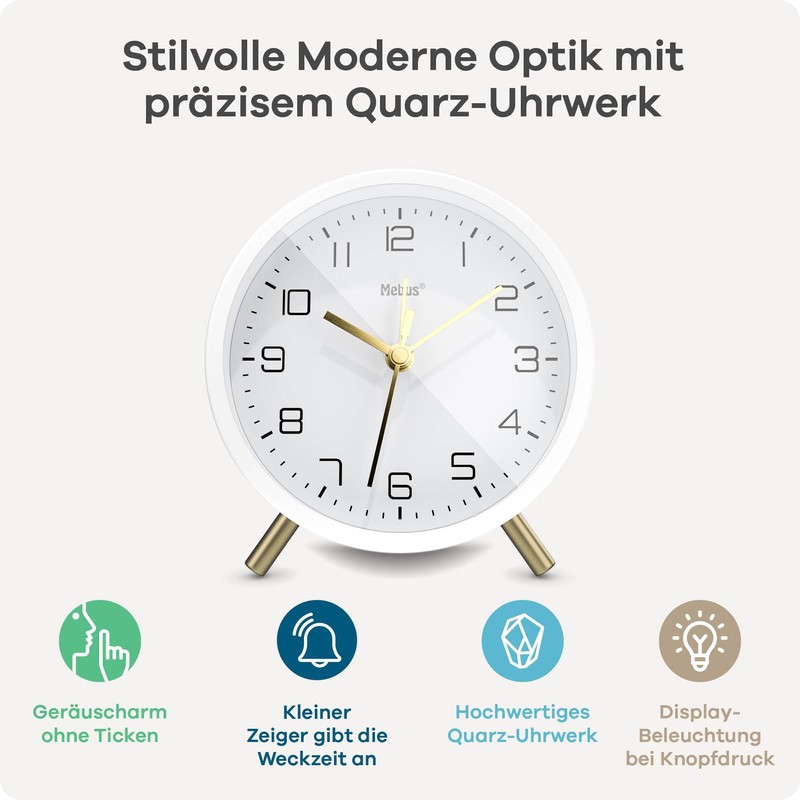 Mebus Silent Alarm Clock with Stylish Design, Snooze and Illuminated