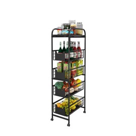 WHIFEA 5 Tier Slim Rolling Cart with Drawers Pull-Out Design Corner Storage Shelf Organizer with Wheels Metal Storage Shelving Unit for Narrow Space,Kitchen, Bedroom, Bathroom, Home Office