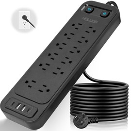 HEILUON Regleta Multicontacto 16 en 1 con Protección contra Sobretensiones, 1.8m Extensión Eléctrica, 12 Tomas + 4 USB (2 USB-C), Multicontacto Pared para Hogar y Oficina, Diseño Negro Elegante