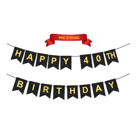 HAPPY 40TH BIRTHDAY Banner, Pre-Strung, Black Gold 40th Birth Party Decorations, Happy 40 Year Old Bdy Yard Bunting, Forty Flag Sign