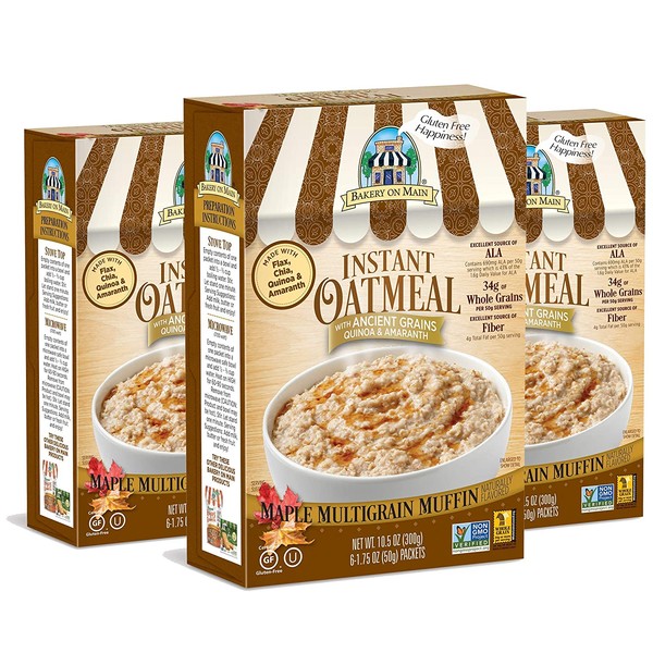 Bakery On Main Gluten-Free, Non-GMO Ancient Grains Instant Oatmeal, Maple Multigrain Muffin, 10.5 Ounce/6 Count Box (Pack of 3)