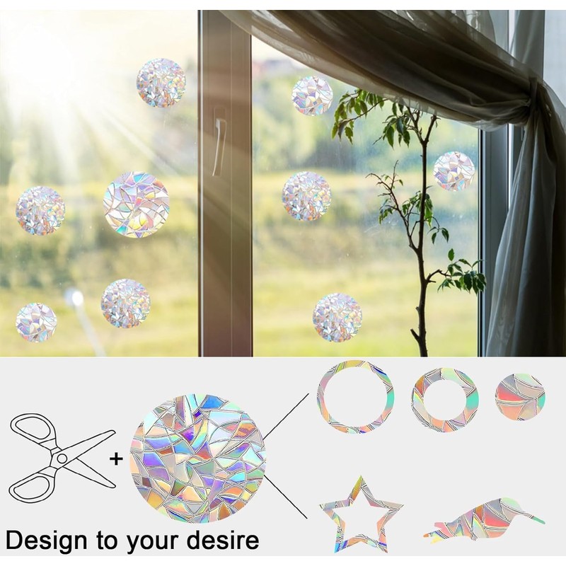 65 Pcs Round Prism Window Stickers, BetterJonny Bird Protection, Rainbow