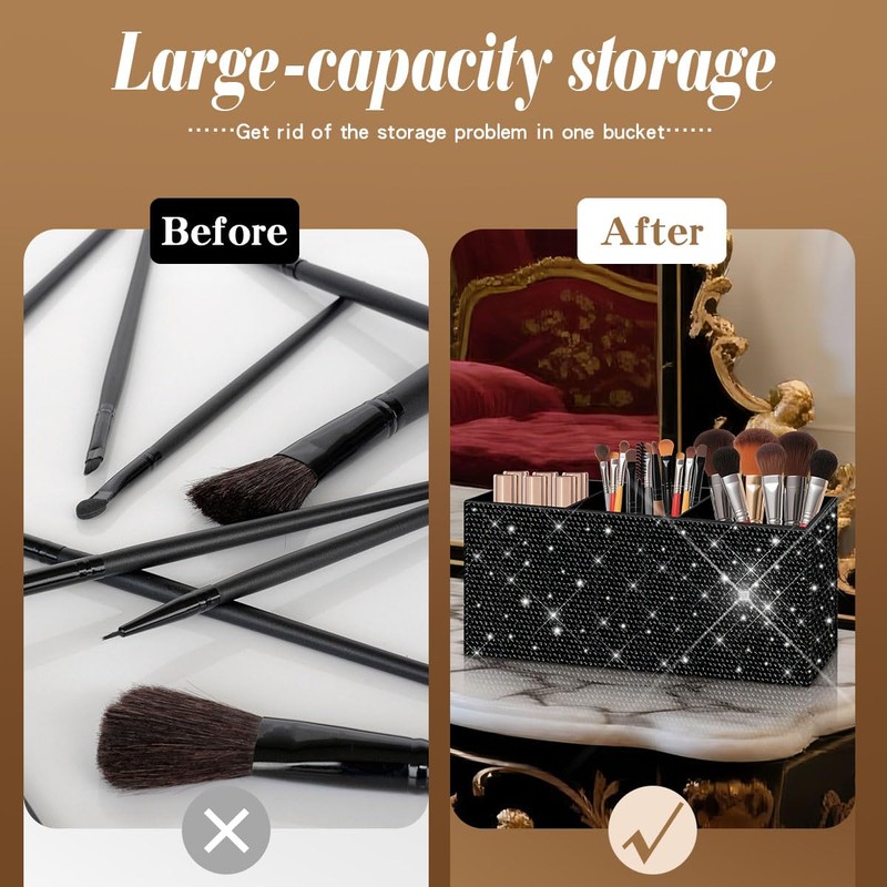 Bling Makeup Brush Holder Organizer, 3 Slot Sparkle Cosmetics Brushes