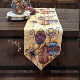 DaDa Bedding Bohemian Ornaments Tapestry Table Runner - Festive Golden Christmas Holiday Glowy Starry Magical Lantern Lamps - Needle Stitched Linen Woven Kitchen Dining Mats - Oversized 13" x 120"