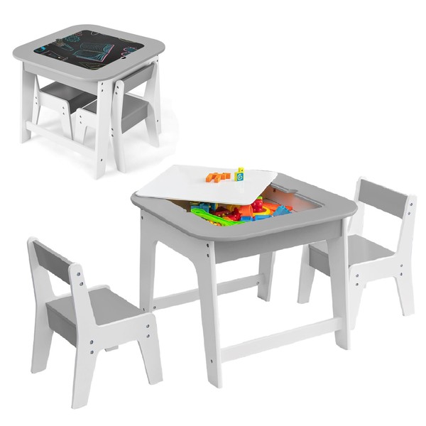 INFANS Kids Table and Chair Set, 3 in 1 Wooden Activity Table with Removable Tabletop, Blackboard and Whiteboard for Toddlers Arts Crafts Drawing Reading Playing, Playroom Nursery (Grey)