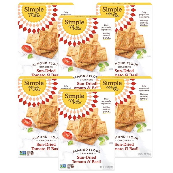 Simple Mills Almond Flour Crackers, Sundried Tomato & Basil, Gluten Free, Flax Seed, Sunflower Seeds, Corn Free, Good for Snacks, Made with whole foods, 6 Count (Packaging May Vary)