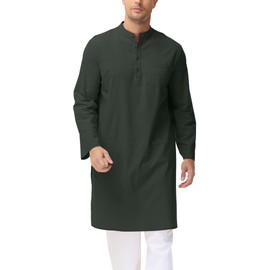 LVCBL Kurta For Men Kaftan Thobe Long Sleeve Casual Linen Button Up Robes Dark gray L