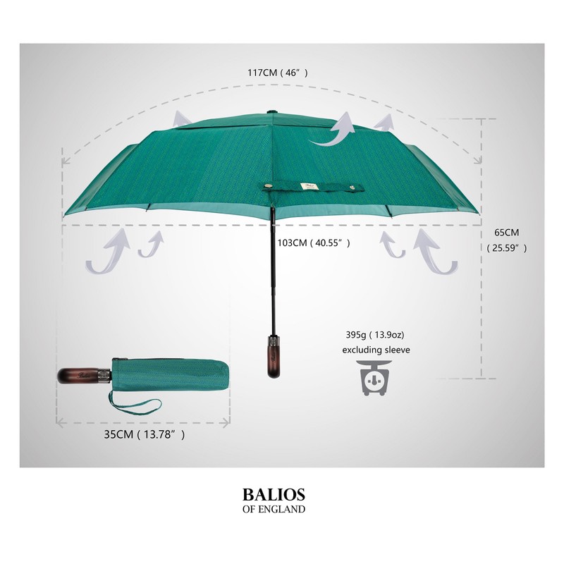 Balios Travel Folding Umbrella with Real Wood Handle Auto Open