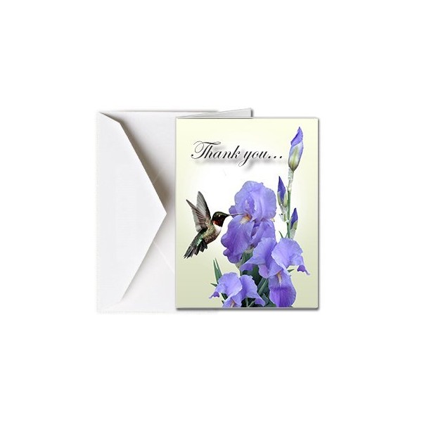 Funeral Memorial Service Thank You Cards with Envelopes (25 Count) FTKC1188 Hummingbird and Iris Flower (Family Name Custom Printed - Select Desired Verse)