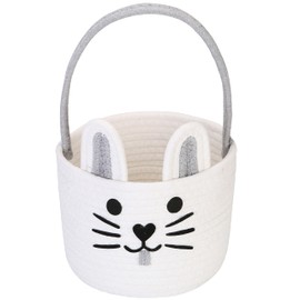 Sea Team Easter Bunny Basket for Egg Hunting, Easter Egg Bucket, Small Woven Cotton Rope Carry Bag with Rabbit Ears and Face Fluffy Tail for Children, Easter Day Decoration, Holidays, Grey