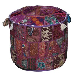 Marubhumi Vintage Indian Ottoman Embellished with Embroidery Cushion and Patchwork Floor Rest 46 X 33 cm