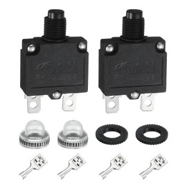 sourcing map 2PCS 15A Thermal Circuit Breakers, 125/250V AC,32V DC Manual Reset Push Button Overload Protector Circuit Breaker with Waterproof Button Caps Quick Connector Terminals, X-B1