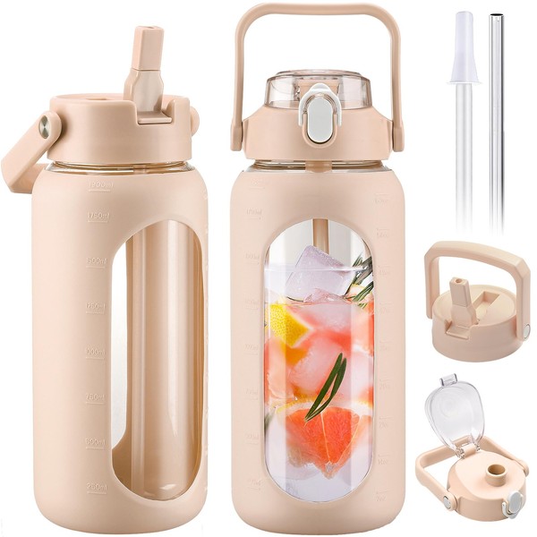 BLUEGO 64oz Glass Water Bottles with 2 Lids Flip Lid