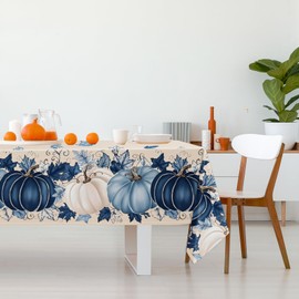 Fall Tablecloth 60 x 84 Inch Blue Pumpkin Maple Leaves Table Cloth Vintage Rectangle Table Cover for Autumn Harvest Thanksgiving Party Picnic Dinner Decoration