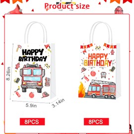 16pcs Fire Truck Party Favor Bags, Watercolor Firetruck Boy Birthday Party Favor Bags with Handles for Fire Engine Fireman Theme Decorations