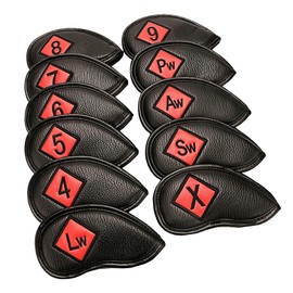 F Fityle 11Pieces Waterproof Leather Golf Iron Head Covers Set Club Headcover with Number Applique for Easy Recognition Sticker Closure Protection Accessory - Black+Red