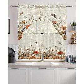Rustic Mushroom Swag Kitchen Curtain Sets with Valance,3 Pieces Rod Pocket Curtain Drapes for Bedroom Bathroom Cafe Windows,Butter-Fly Dragonfly Botanical Plant Leaves 56''x36''&36''x27.5''x2Panels