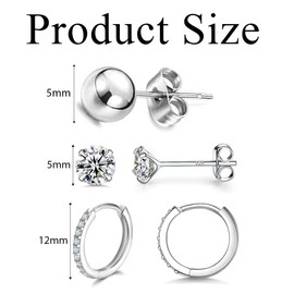 LICHUANUK Hoop Earrings 925 Silver Women's Stud Earrings, 925 Sterling Silver Stud Earrings Hoop Earrings Set, 3 Pairs Small Sleeping Stud Earrings Hoop Earrings Set, 5 mm Stud Earrings & Hoop