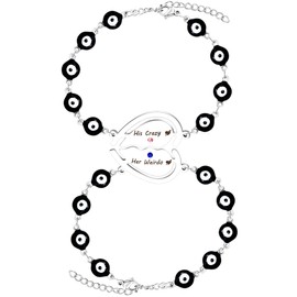 JunyiDIY 2 Pieces Evil Eye Chain Luck Bracelet, Couple Heart Puzzle His Crazy His Weirdo Charm Arrow Through the Heart Gift His Her Couples Valentine's Day Birthday Jewelry